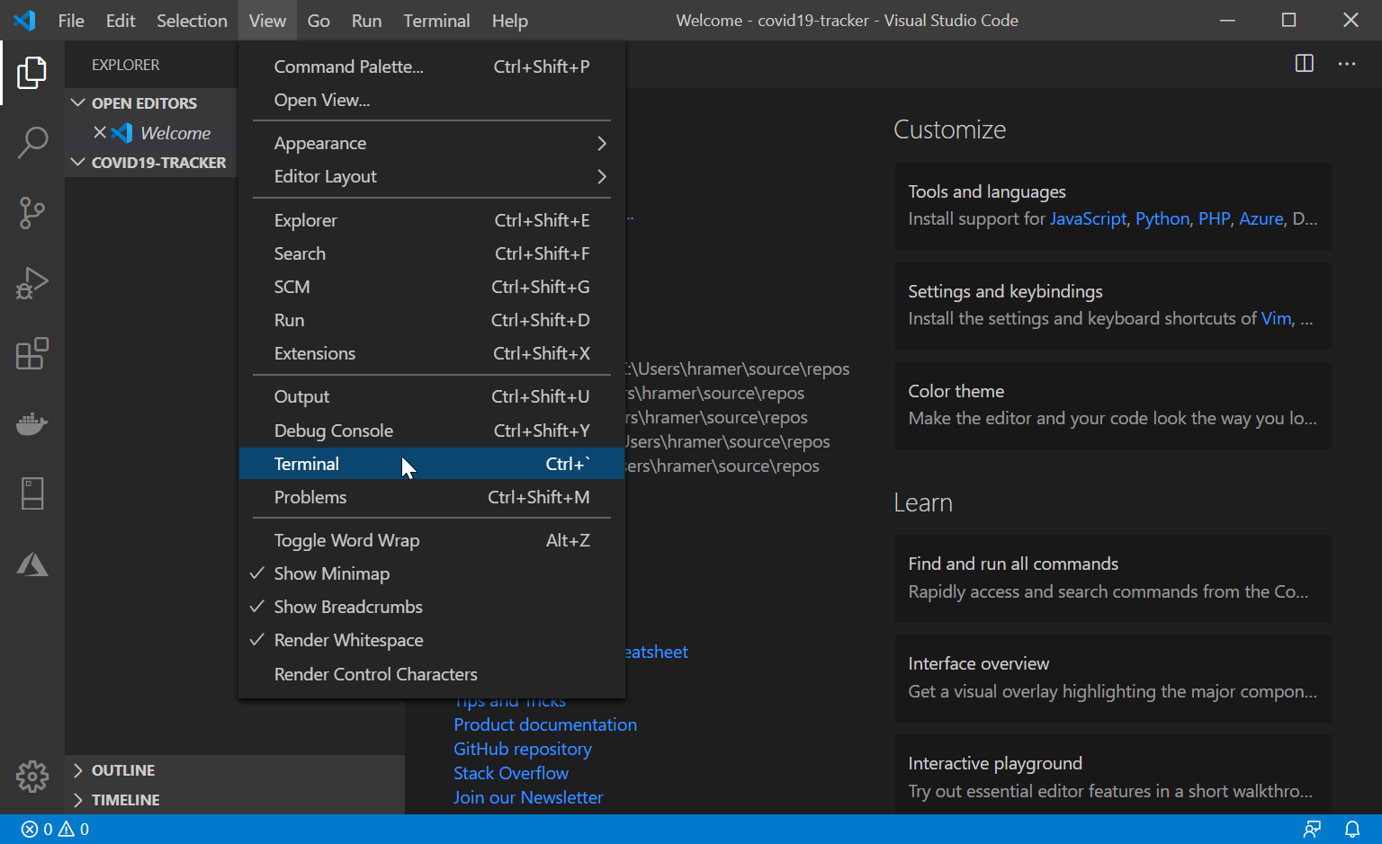 Open the Terminal in Visual Studio Code