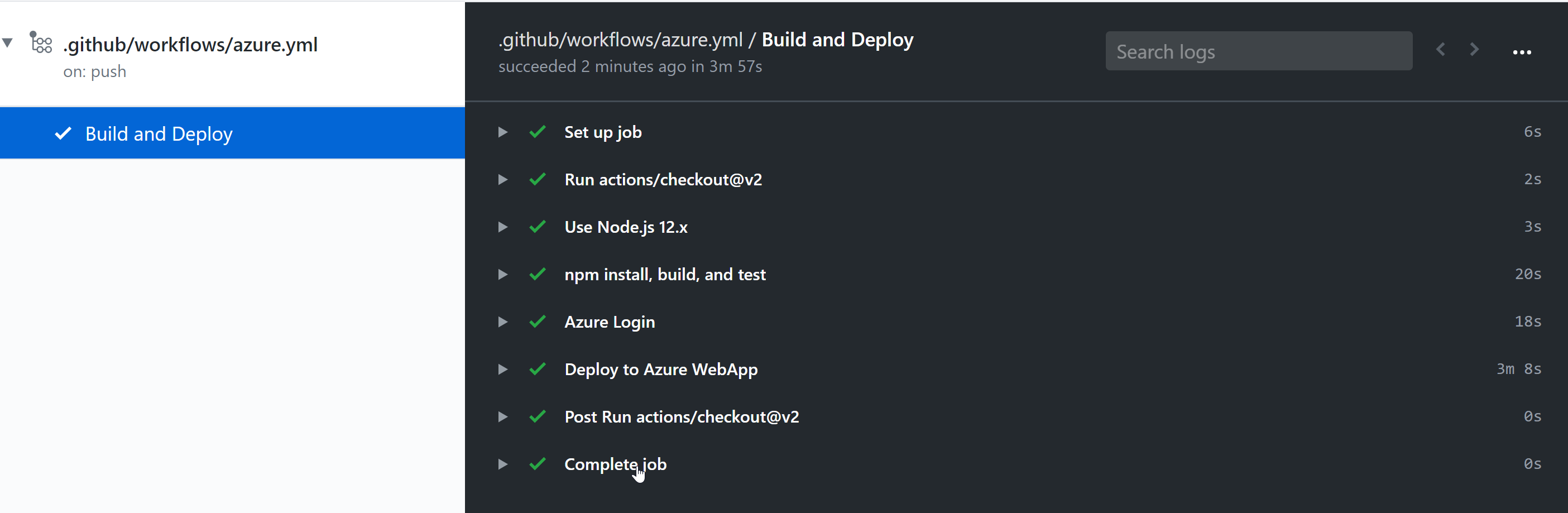 Successful deployment of Node.js to Azure with Github